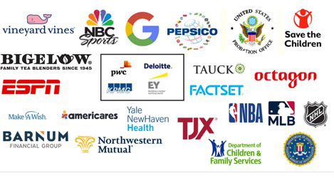 company logos: vineyard vines, NBC sports, Google, pepsico, save the children, ESPN, TJ Maxx, MLB, NBA, make-a-wish