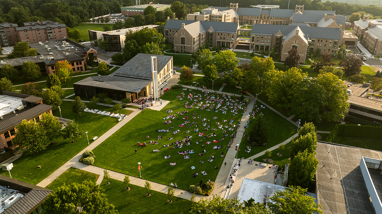 aerial photo of an outdoor mass at Sacred Heart University
