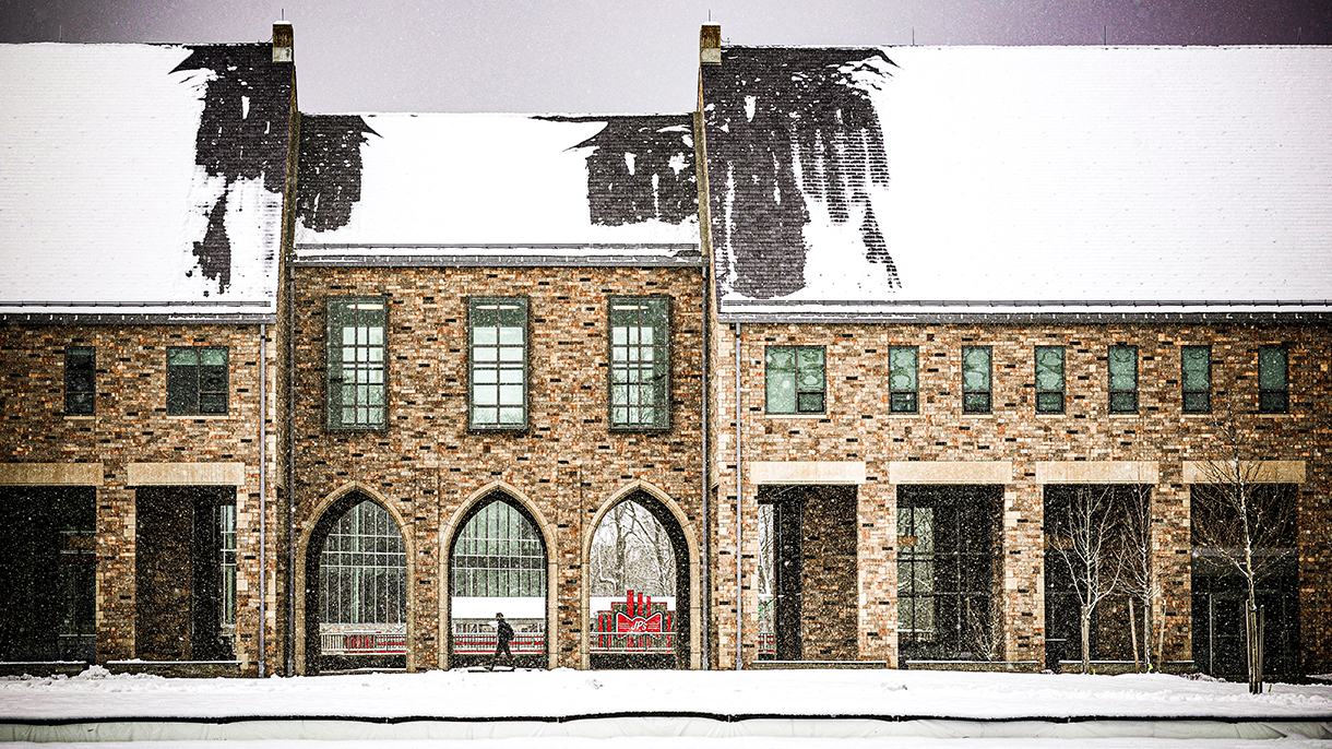 Residence hall at SHU in the middle of a snowfall
