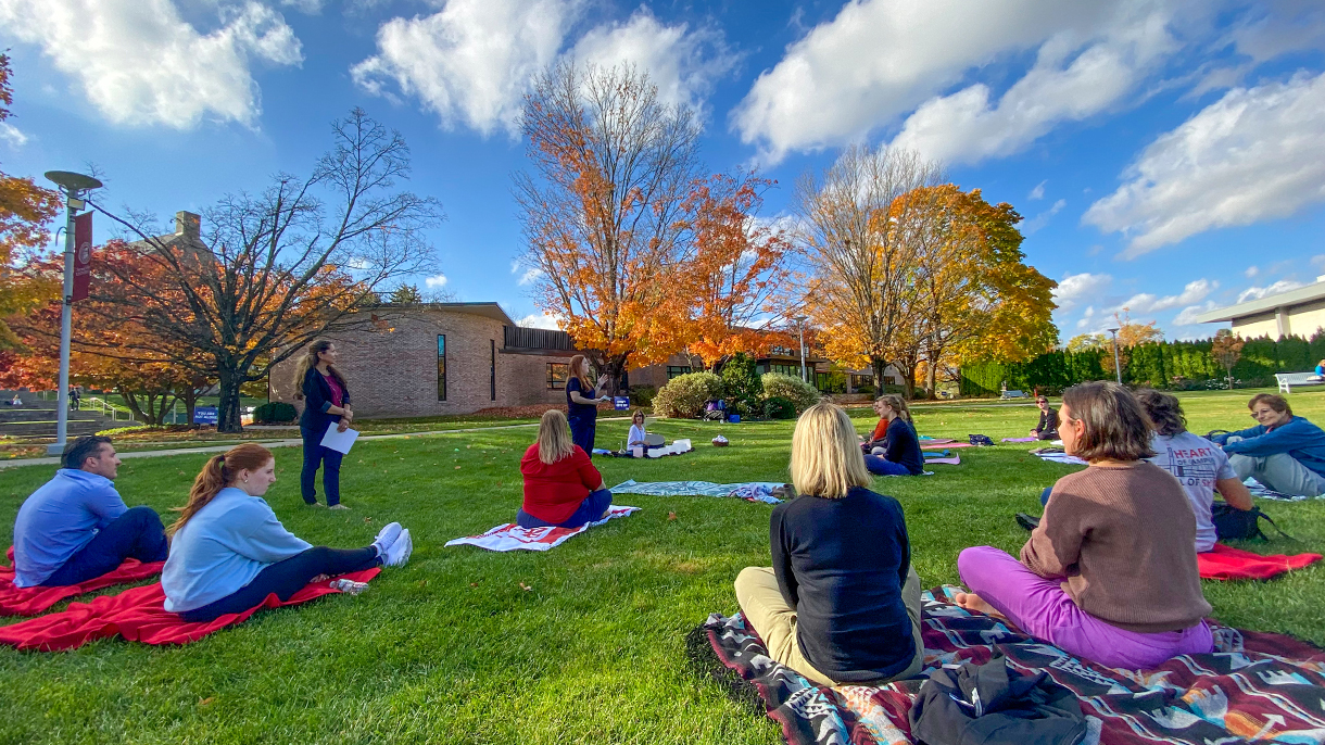 people gathered on the grass for a sound healing event