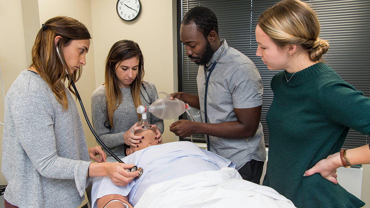 Physician assistant students and faculty practicing on a test dummy at the Tandent Center in Stamford, CT.
