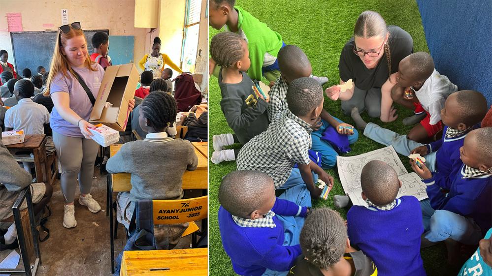 Collage of students handing out care packages to students and helping them color