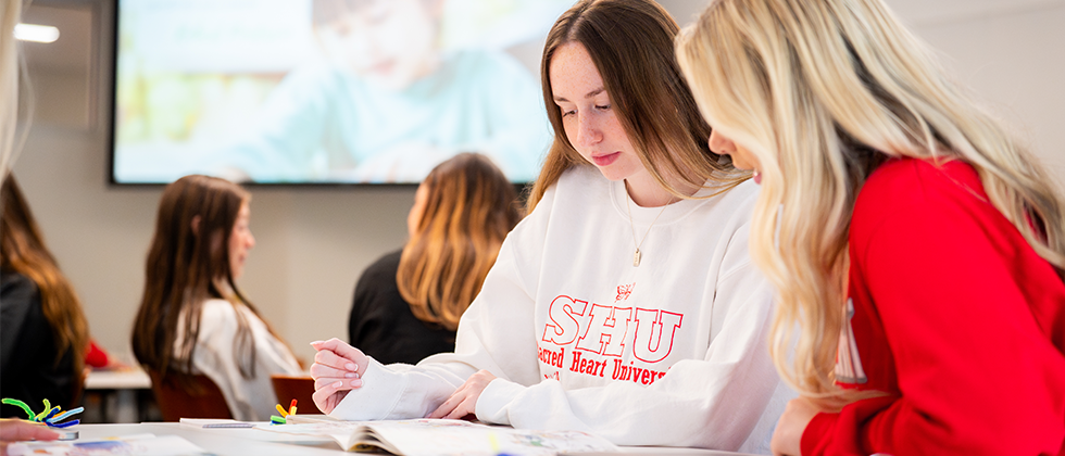 Two students working together in classroom