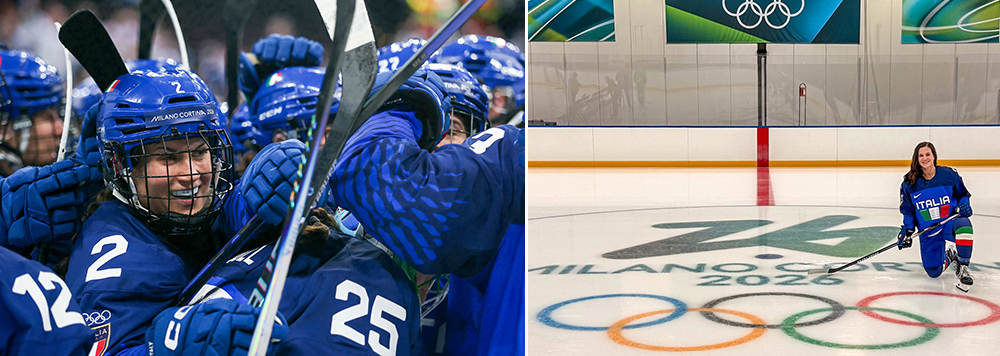 Amie Varano playing hockey and posing with the Olympic rings in the ice