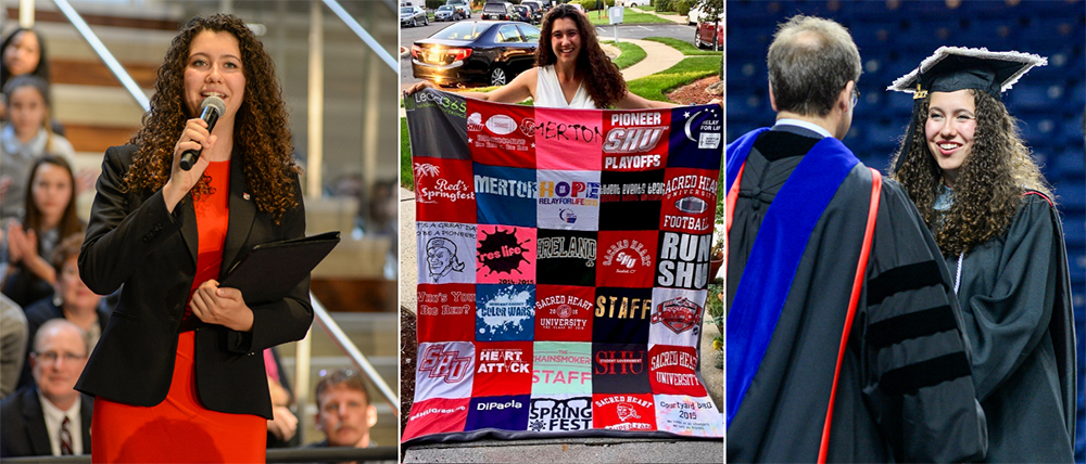 Collage of photos of Lily speaking at events, holding a blank made from SHU t-shirts, and graduating