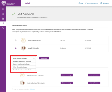 Screenshot of Myhub depicting where to download certificates