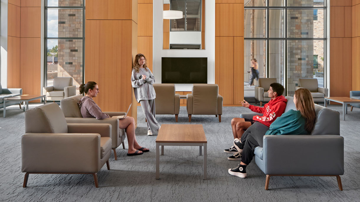 Students sitting in Bowman Hall Common Area