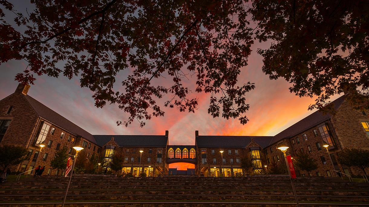sunset over Wiesel and Frassati Halls at Sacred Heart University