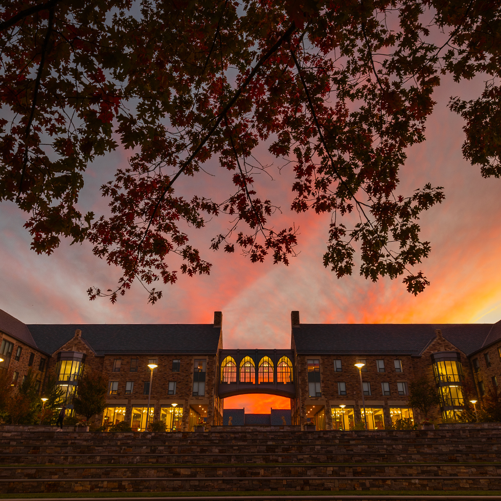 sunset over Wiesel and Frassati Halls at Sacred Heart University