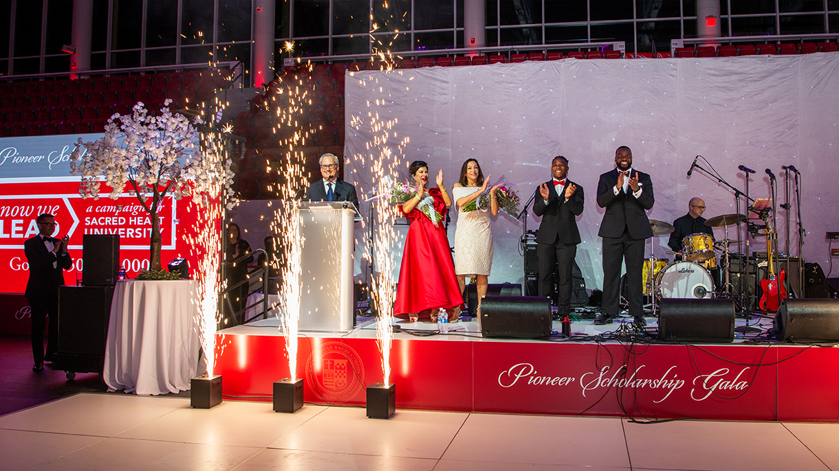 A stage presentation with pyrotechnics