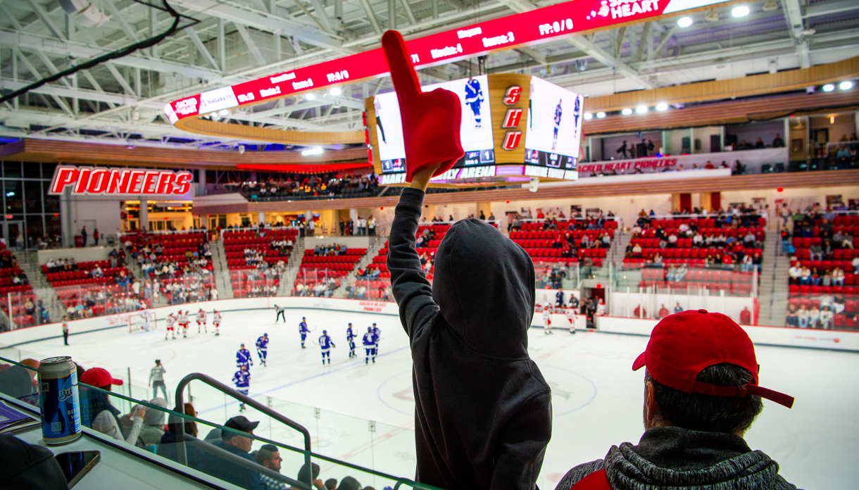 Fan with foam finger at hockey game