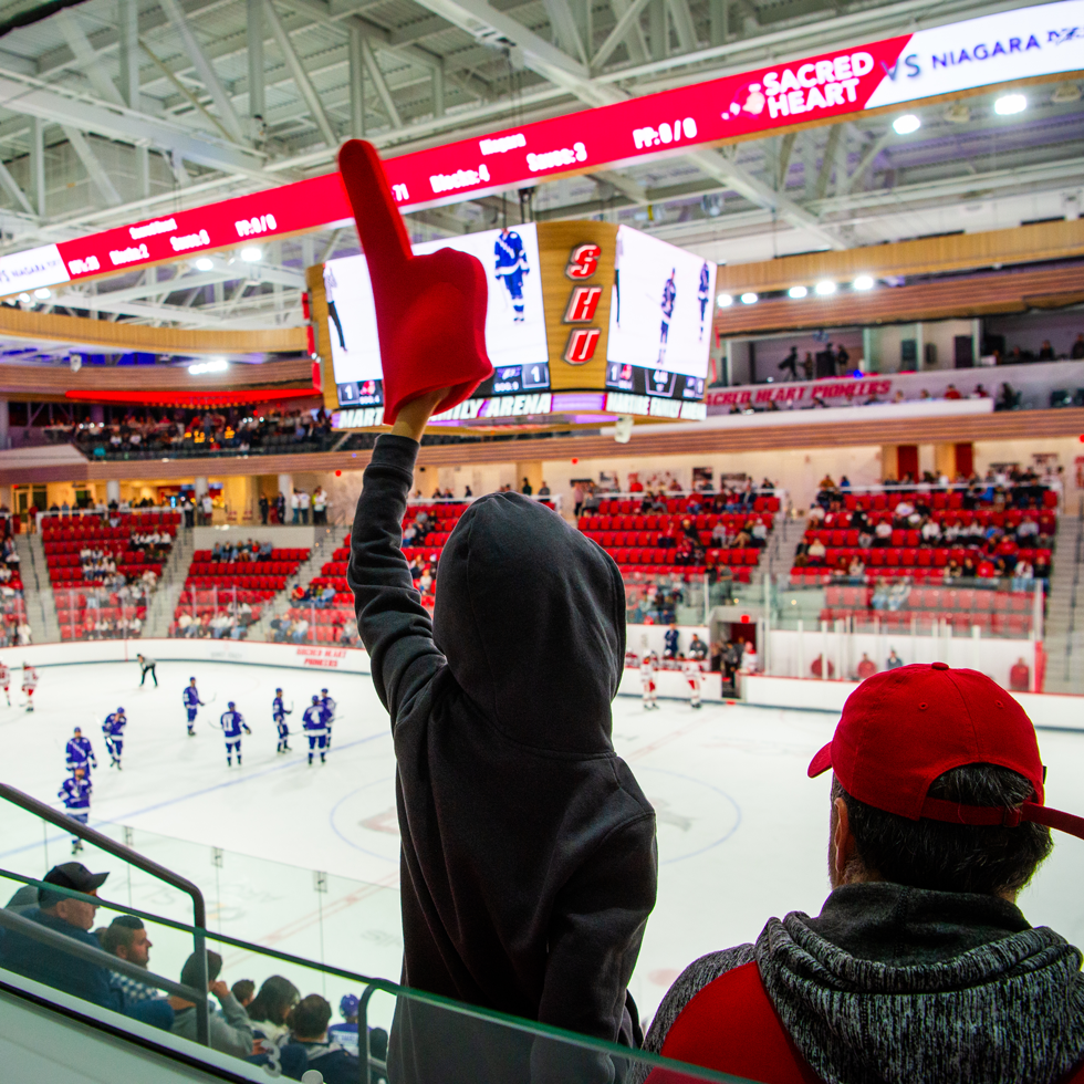 Fan with foam finger at hockey game