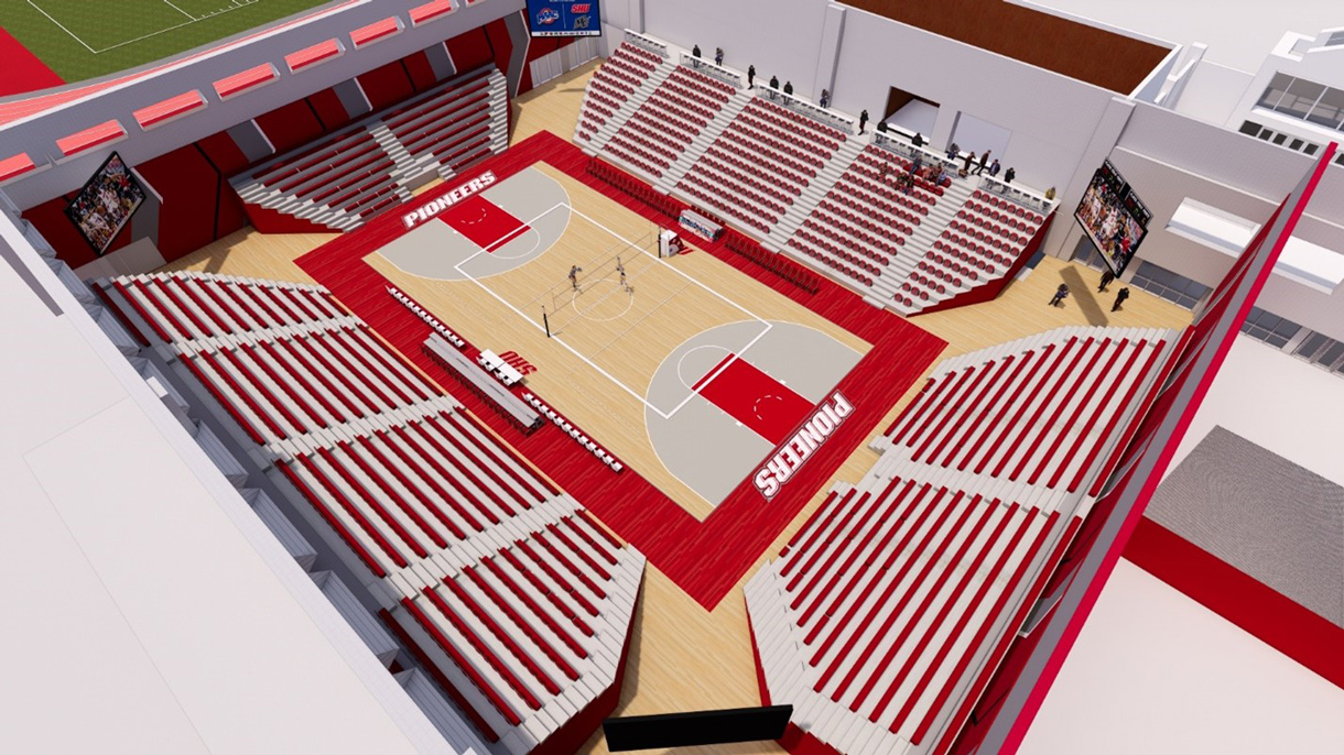 Rendering of volleyball set up in Pitt Center