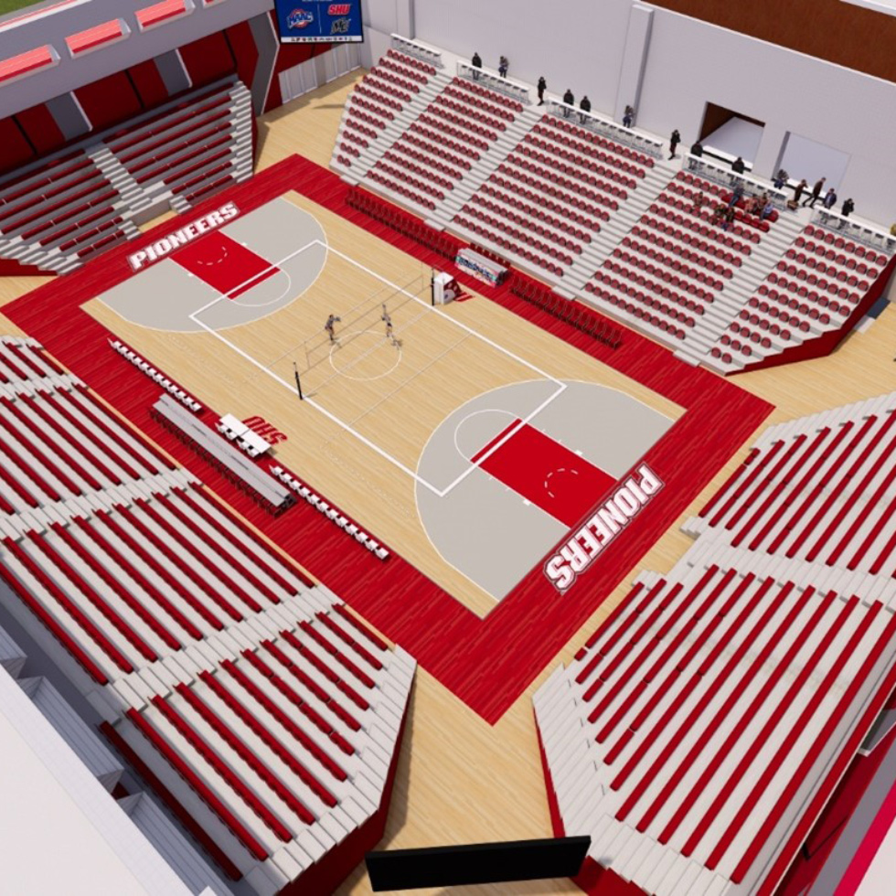Rendering of volleyball set up in Pitt Center