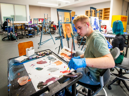 Students painting in studio