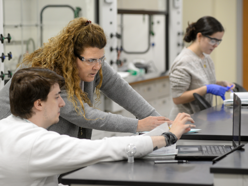 Professor helping student on laptop in the lab