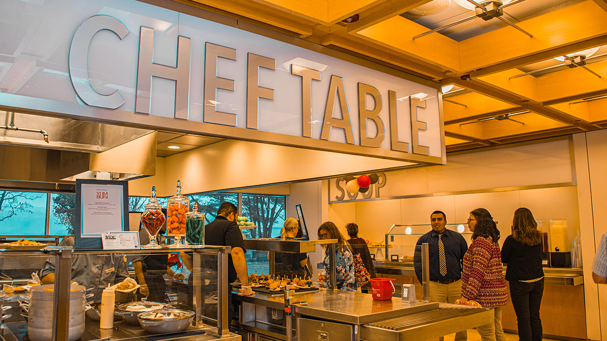 dining hall showing people looking at the food options