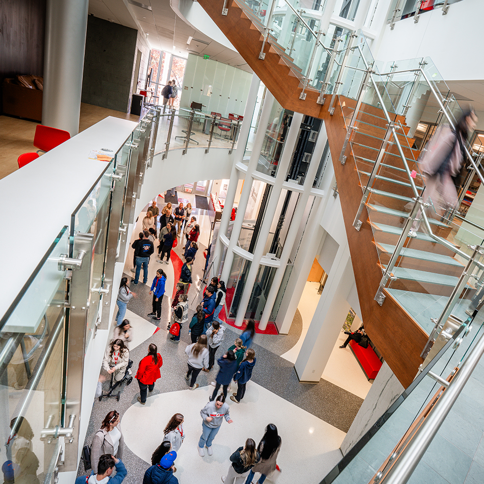Building atrium showing people walking around and multiple staircases