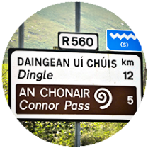 Connor Pass road sign in Dingle, Ireland