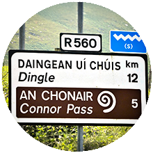 Connor Pass road sign in Dingle, Ireland