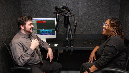 Alex D'Adamo and Quianna Daniels recording a podcast in the CTL Podcast Studio