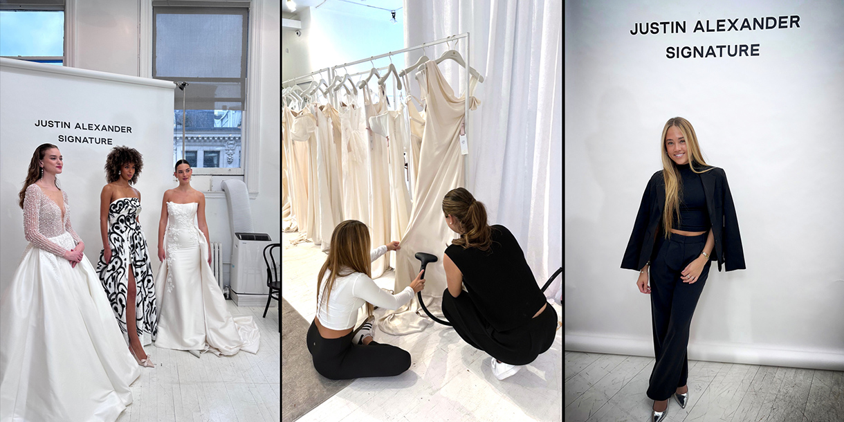models in bridal gowns, interns steaming bridal gowns and student intern