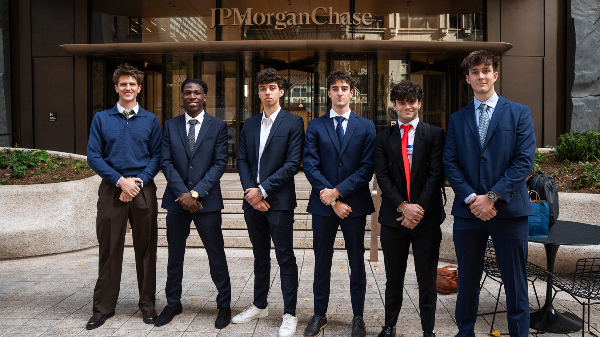 Group of business students outside of JP Morgan Chase
