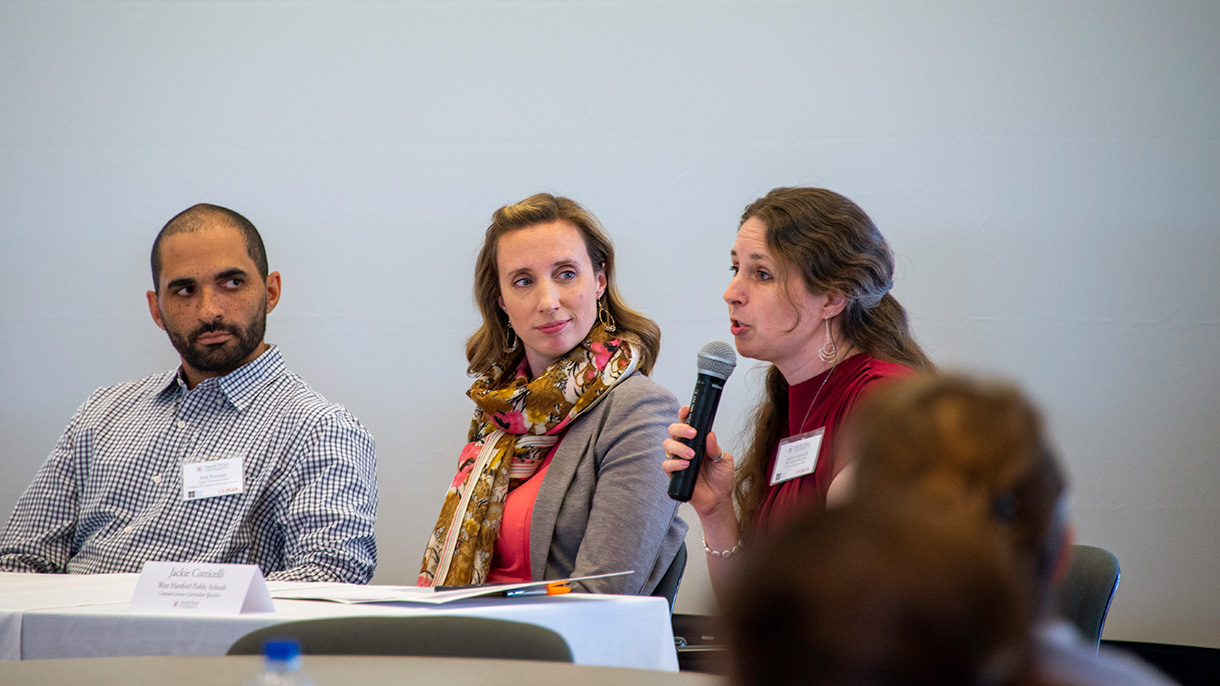 Seth Freeman, Capital Community College; Darcy Ronan, SHU; and Jackie Corricelli, West Hartford Public Schools