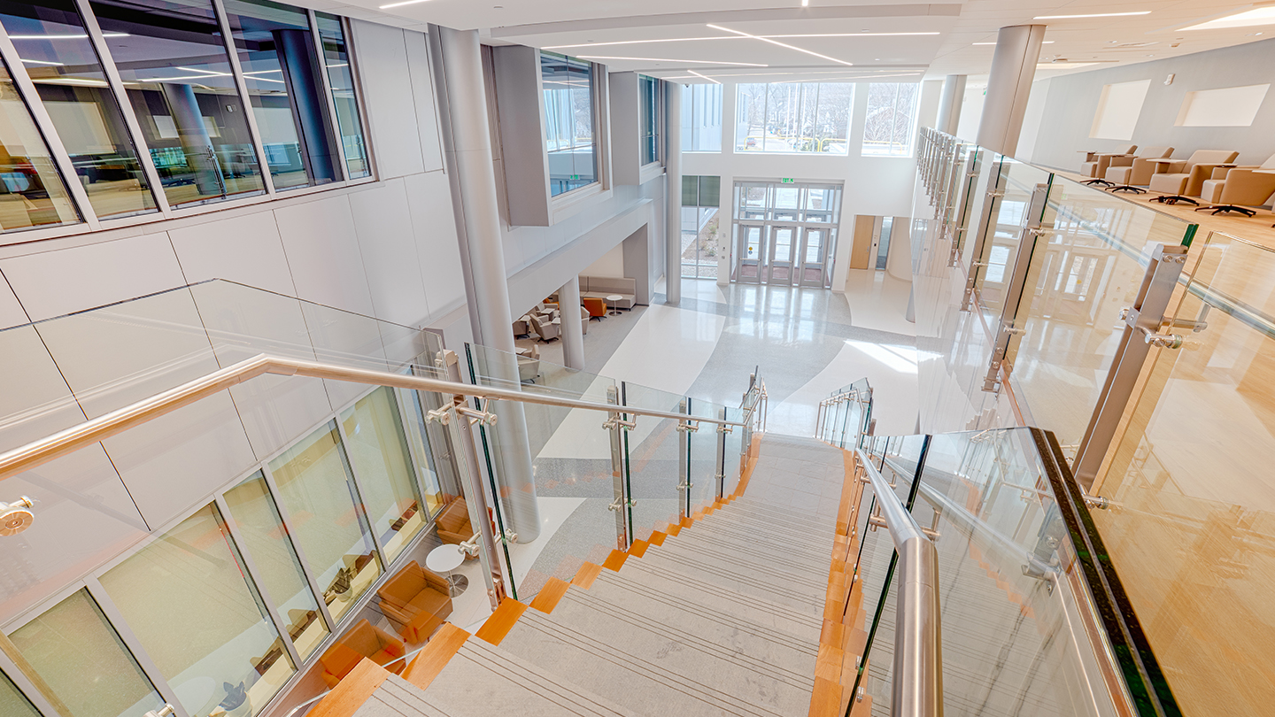 Entryway and atrium of the Center for Healthcare Education at Sacred Heart University