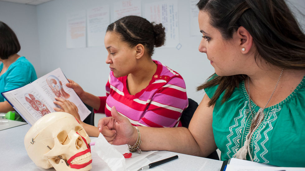 Students reading a textbook in class