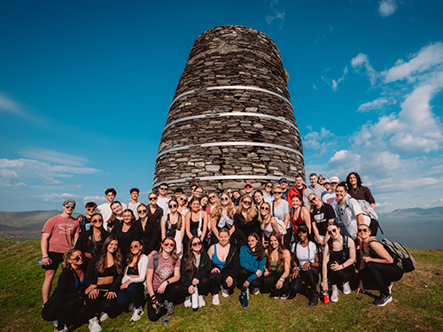 crowd of college students in front of East Tower in Dingle Ireland