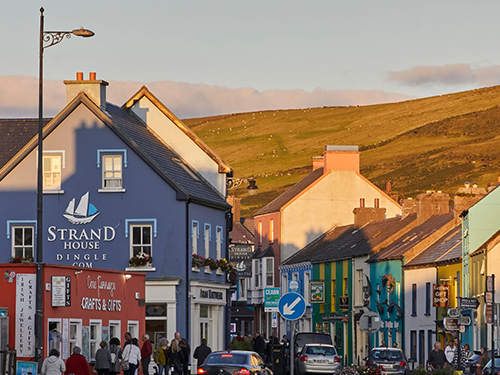 Downtown Dingle Ireland showing shops and landscape