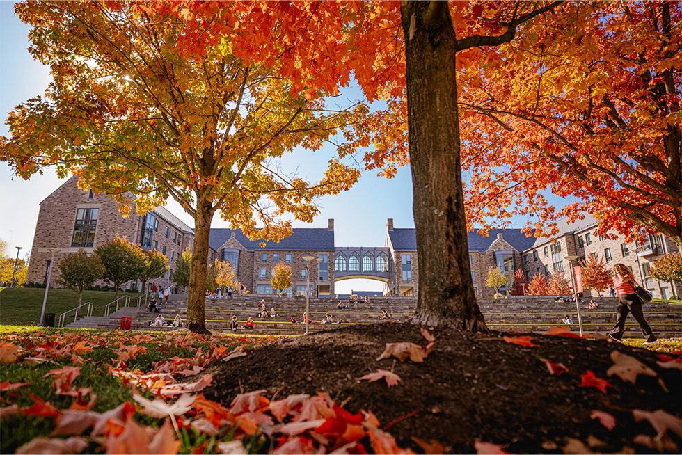 A campus landscape showing a person walking by a residence hall among the fall foliage