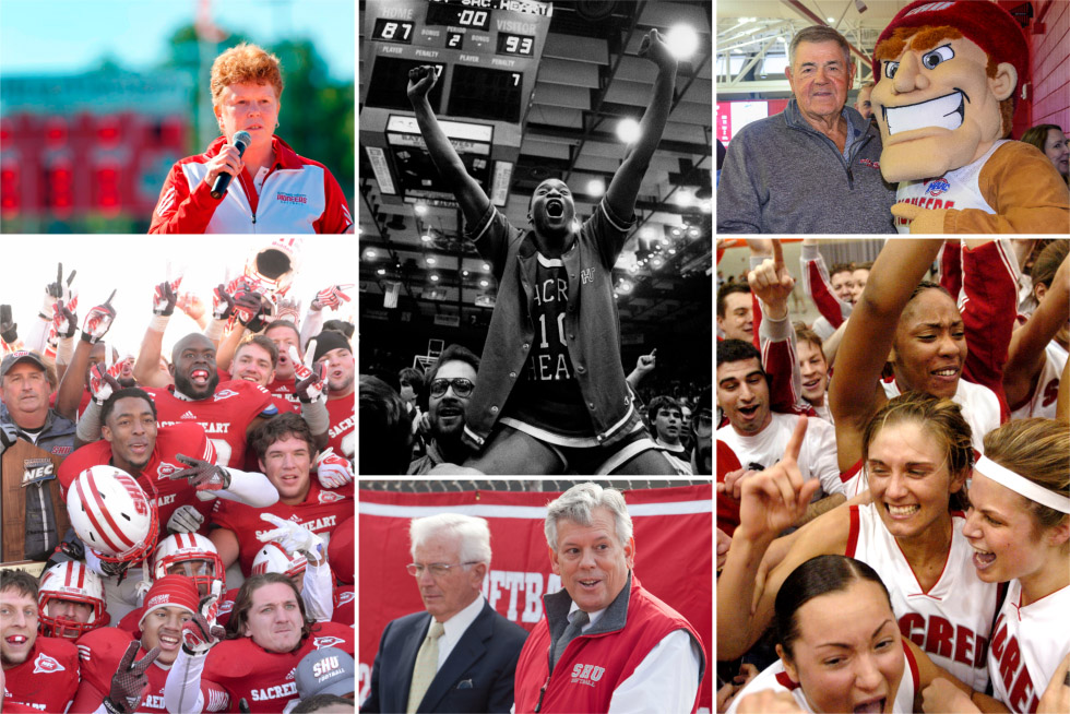 collage of people speaking and sporting events