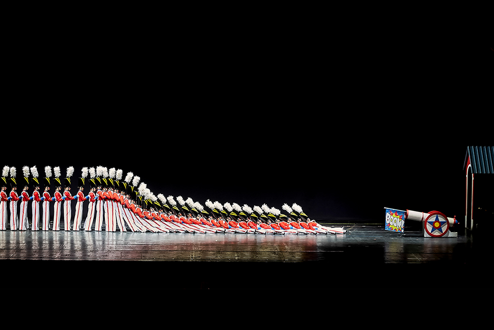 Radio City Music Hall Rockettes onstage dressed as toy soldiers