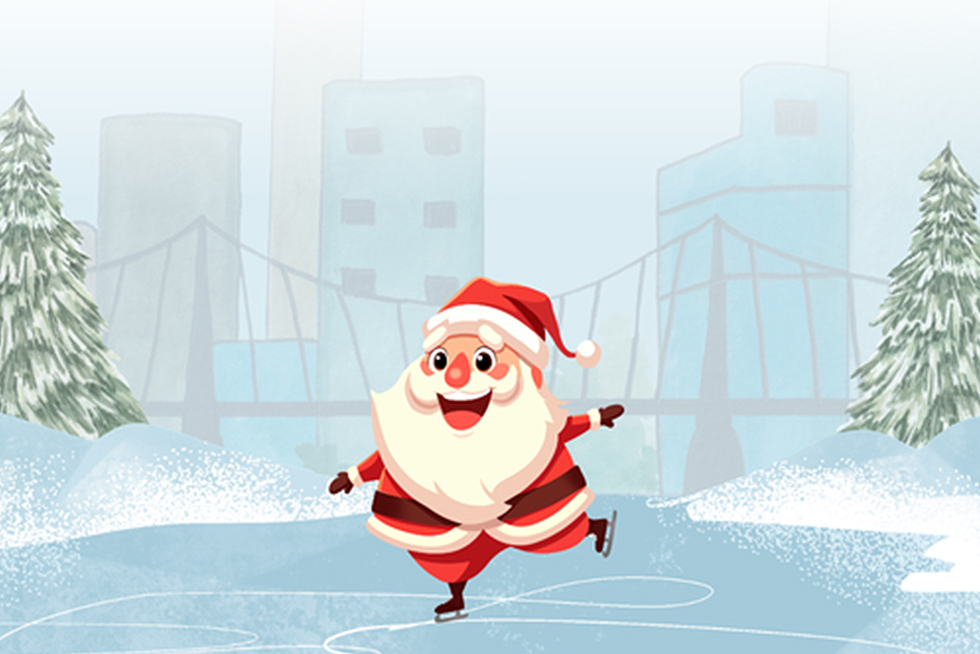 Santa Claus ice skating and smiling