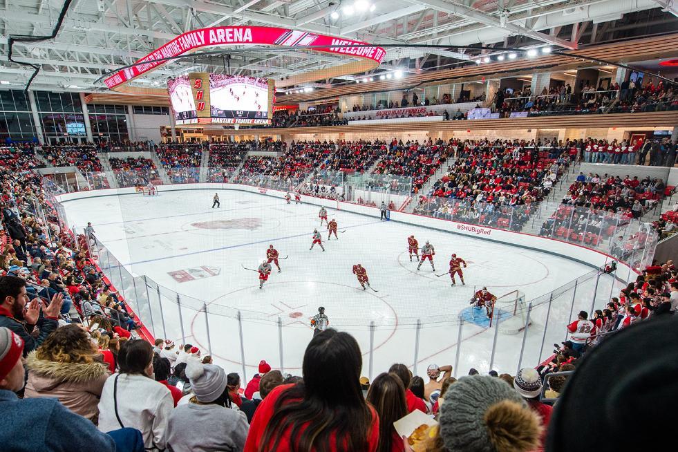 Ice hockey game at the Martire Family Arena showing a sold-out crowd