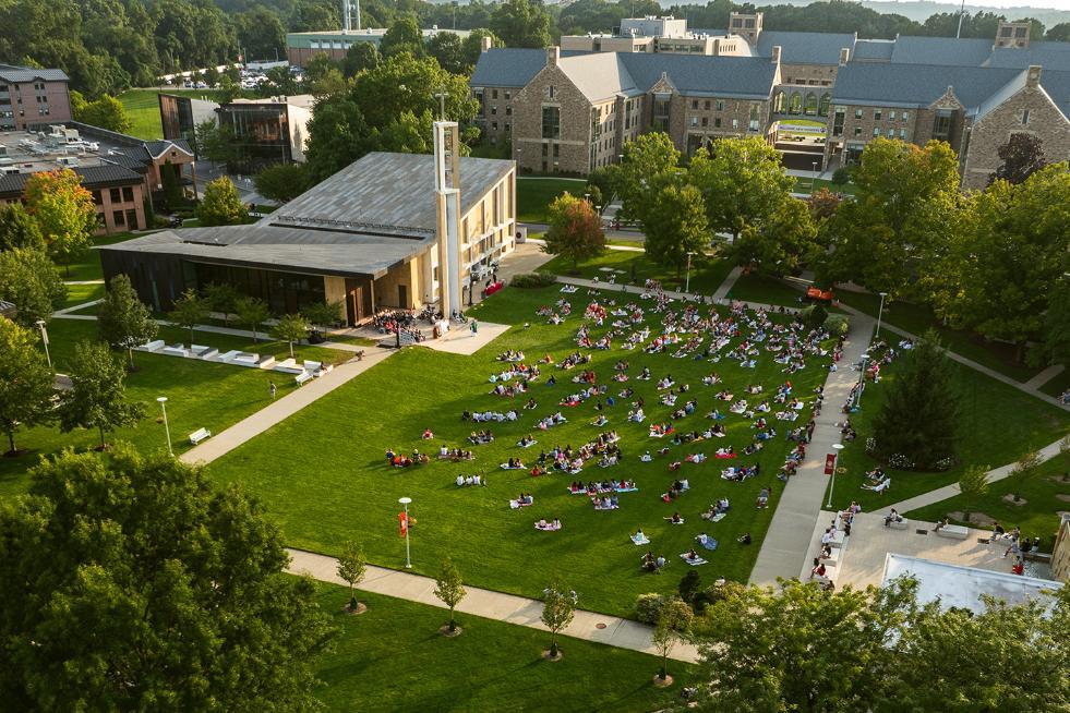 Aerial view of the chapel quad during Mass on the Grass at Sacred Heart University
