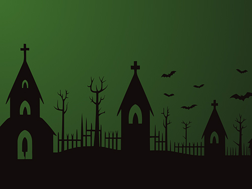 silhouetted landscape with churches and bats against a green sky