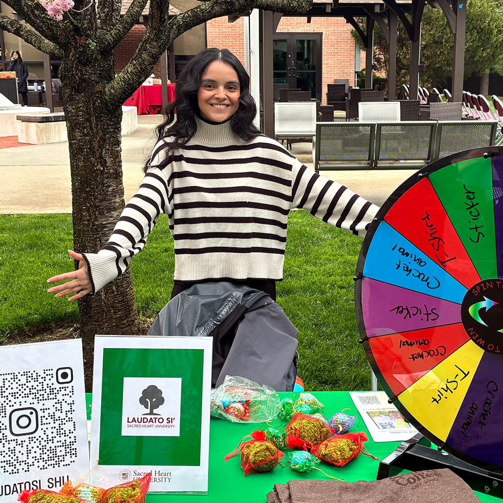 a person working a Laudato Si vendor table and spinning raffle wheel at an Earth Day fair
