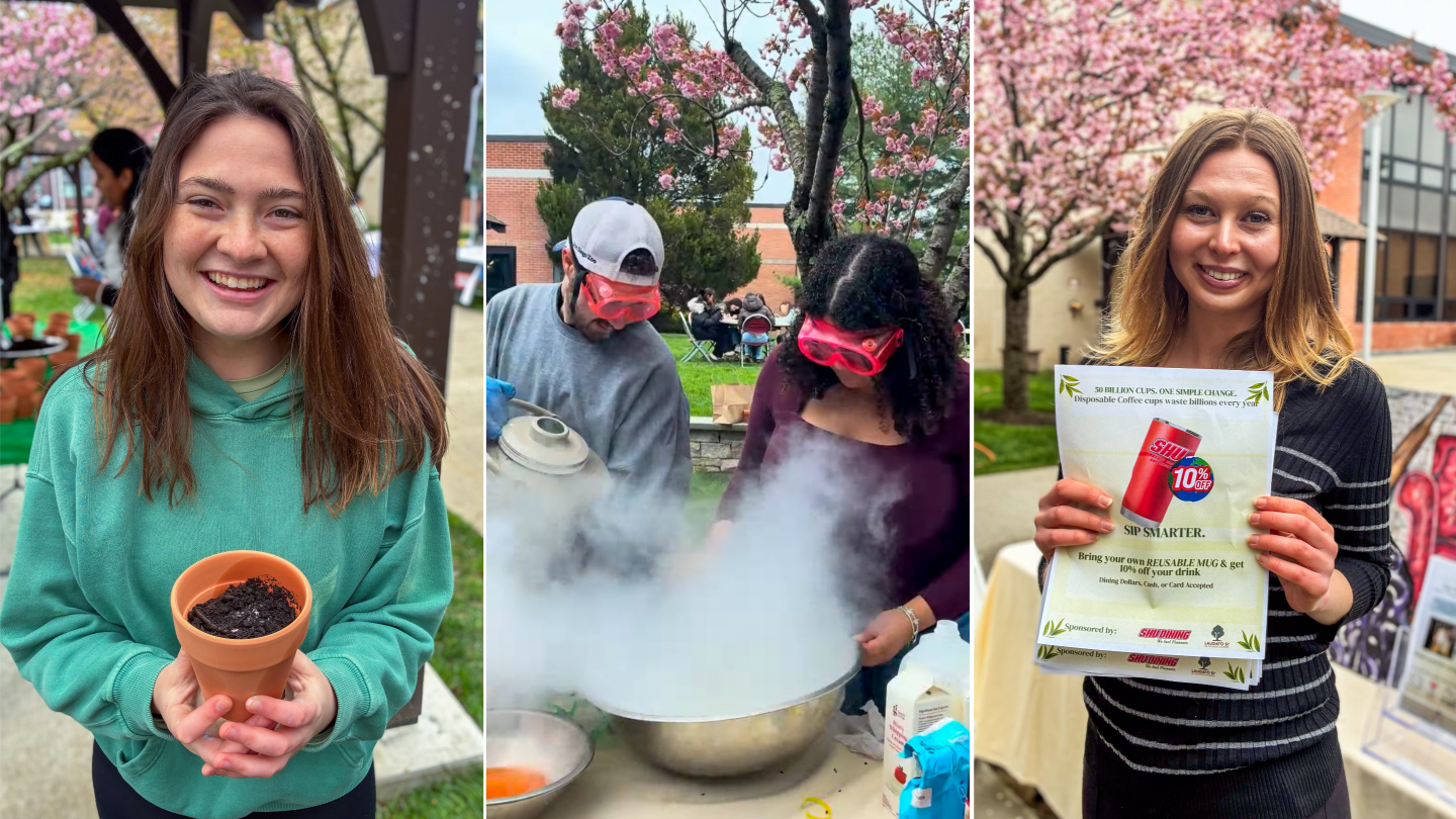 a person holding a flower pot and smiling, two people doing a chemistry experiment and a person holding a flyer about a recyclable cup program