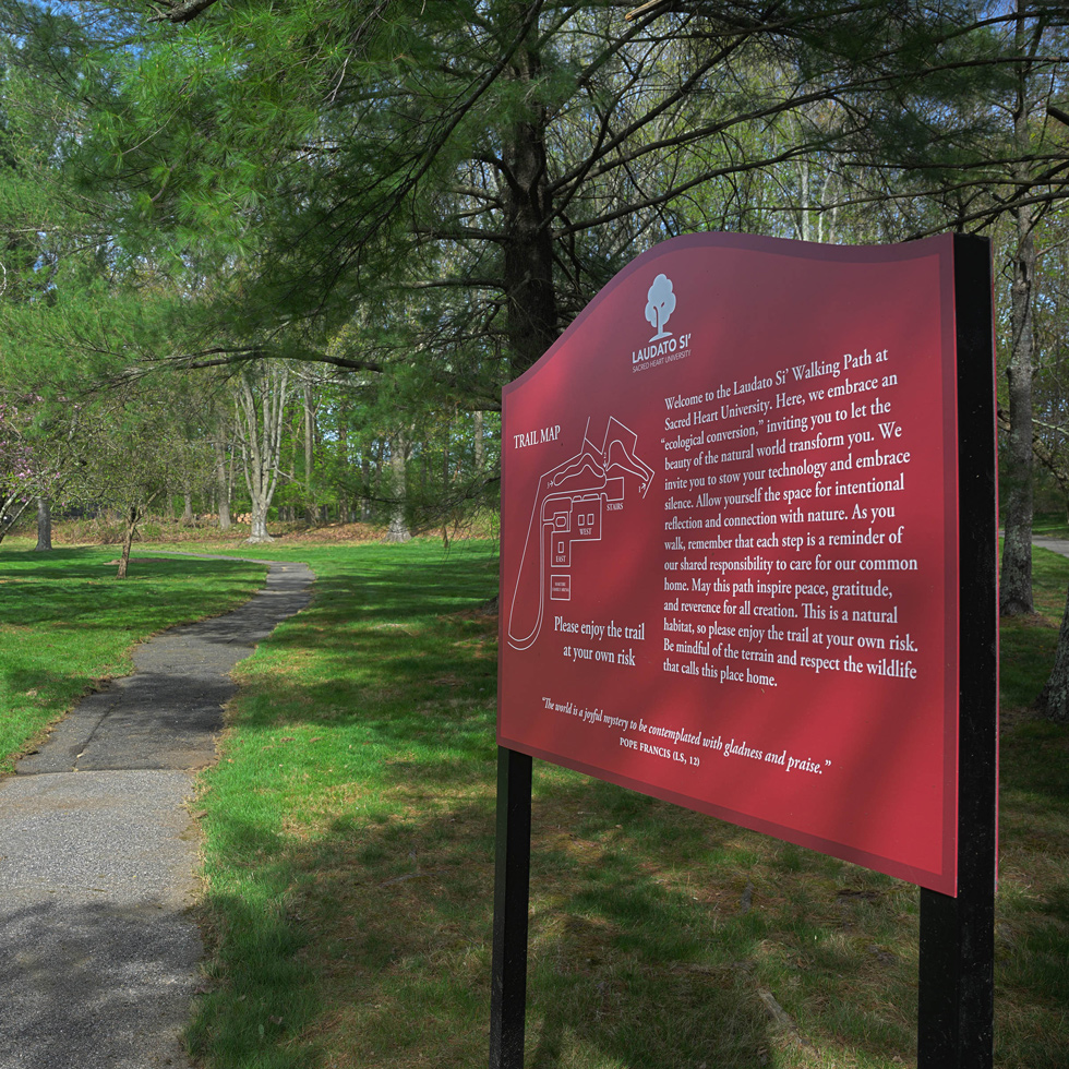 Laudato Si walking trail sign at Sacred Heart University