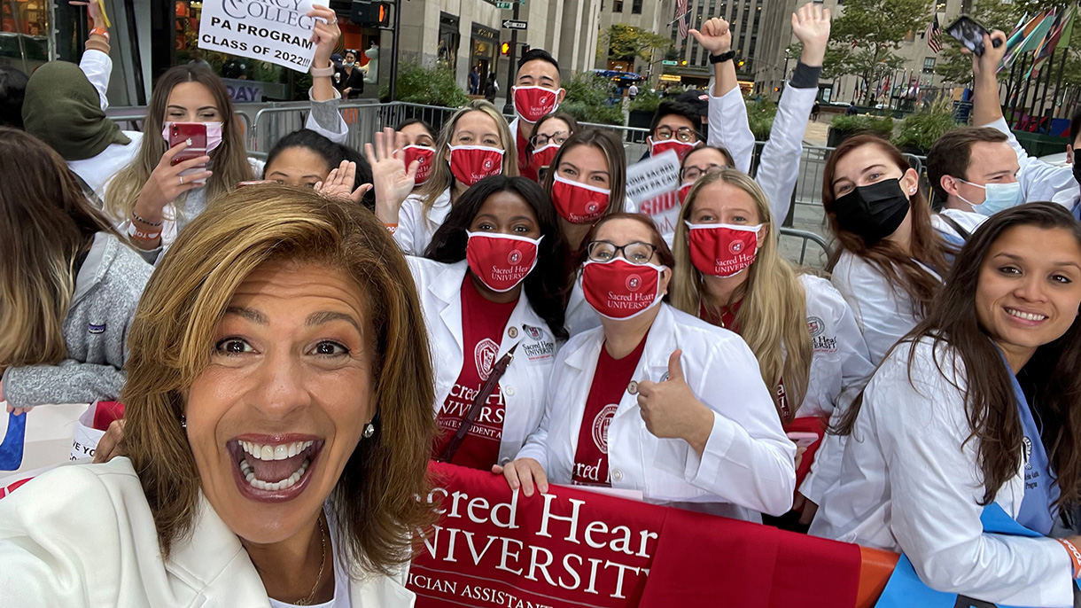 Sacred Heart University physician assistant studies students celebrated National Physician Assistant Day outside of the Today show with host Hoda Kotb.
