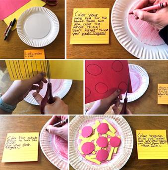 step-by-step images of a craft project making a pizza with a paper plate and construction paper