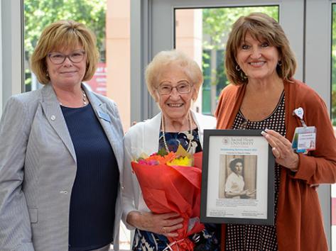 From left are Dean Maryanne Davidson, Clara Frillici and Dale Danowski