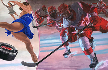 mural painting of ice skaters and an ice hockey team
