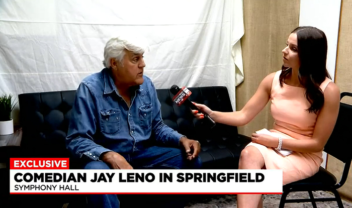 Reporter Kristin Burnell interviews comedian Jay Leno