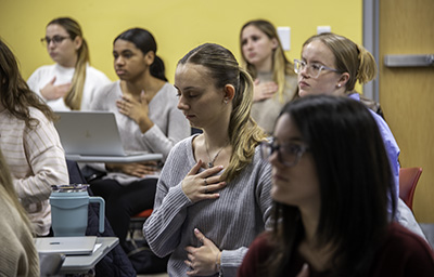 Nursing students doing breathing techniques and meditation