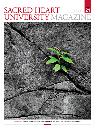 SHU Magazine cover showing a photograph of a plant growing  from a crack in a rock