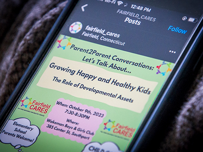 Cell phone screen of Fairfield Cares social media